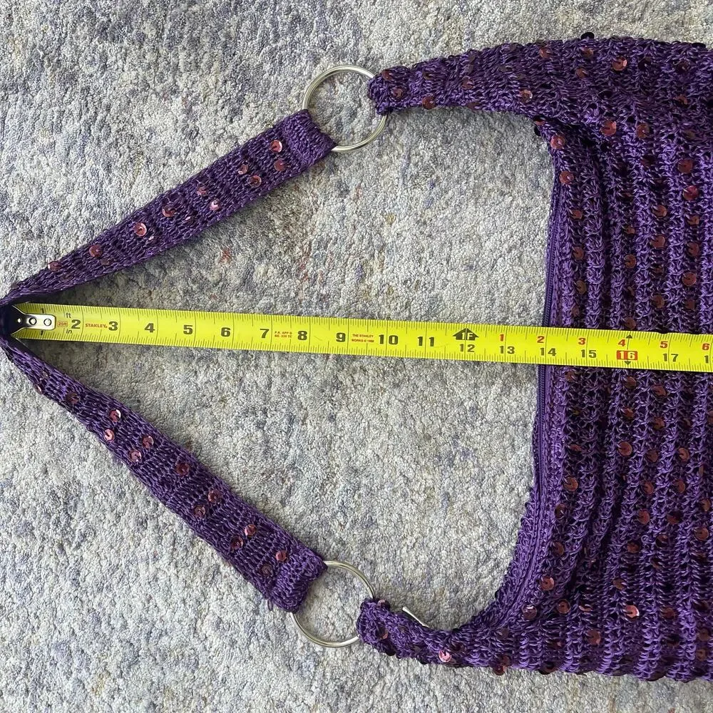 Purple Crochet Sequin Knit Hobo Shoulder Bag Slouchy Boho Handbag Zip Festival